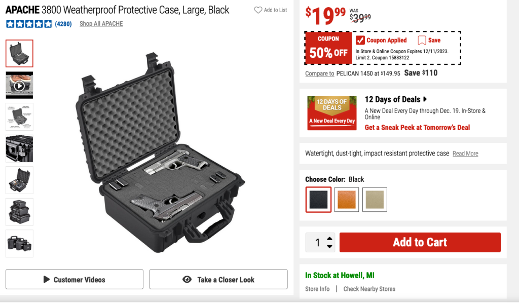 3800 Weatherproof Protective Case, Large, Black