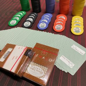 Santa Ysabel Casino Tournament chips with their table games cards opened and unopened.