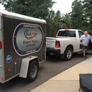 Chris and Tony arrive from Canada to deliver tables as players were arriving at Andrew's game in Denver.