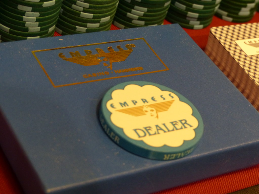 Blue dealer button, card box (Hammond)